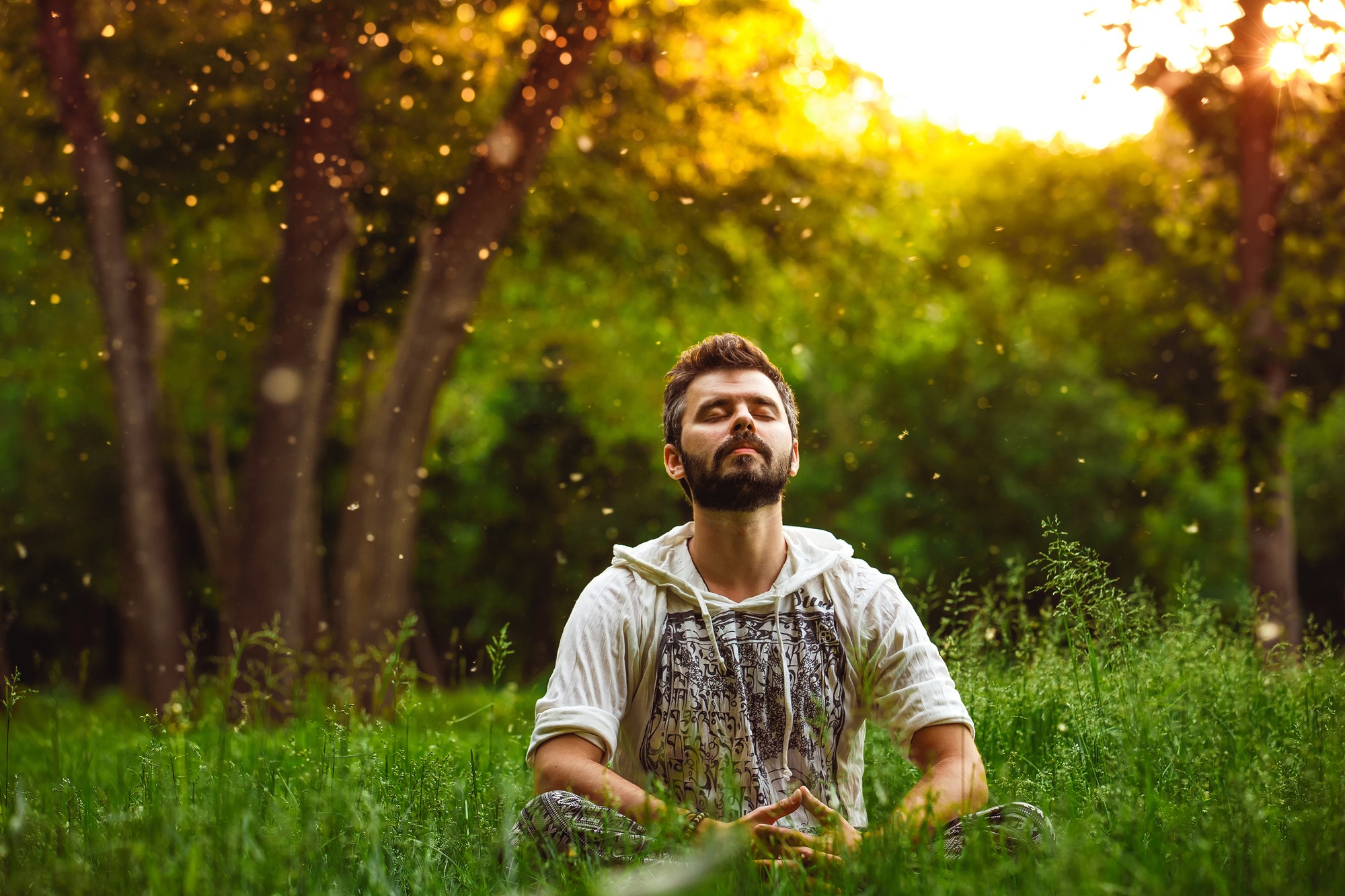 A bearded man is meditating on green grass